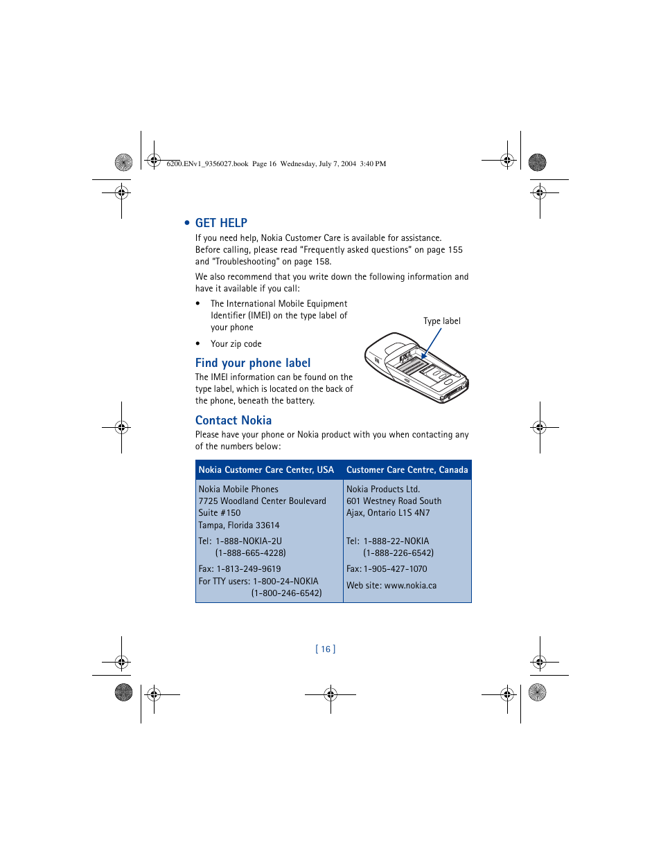 Get help, Find your phone label, Contact nokia | Nokia 6200 User Manual | Page 25 / 193