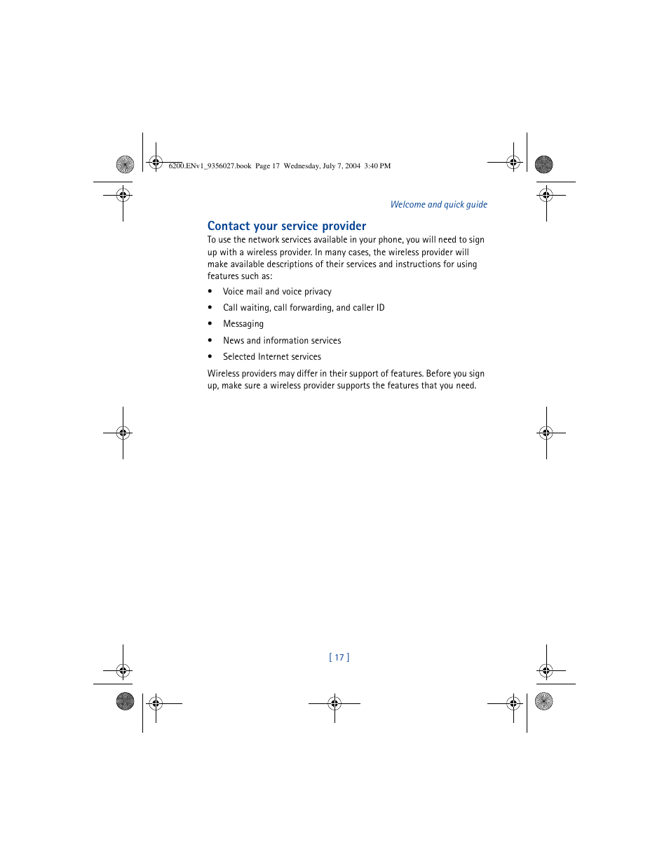 Contact your service provider | Nokia 6200 User Manual | Page 26 / 193
