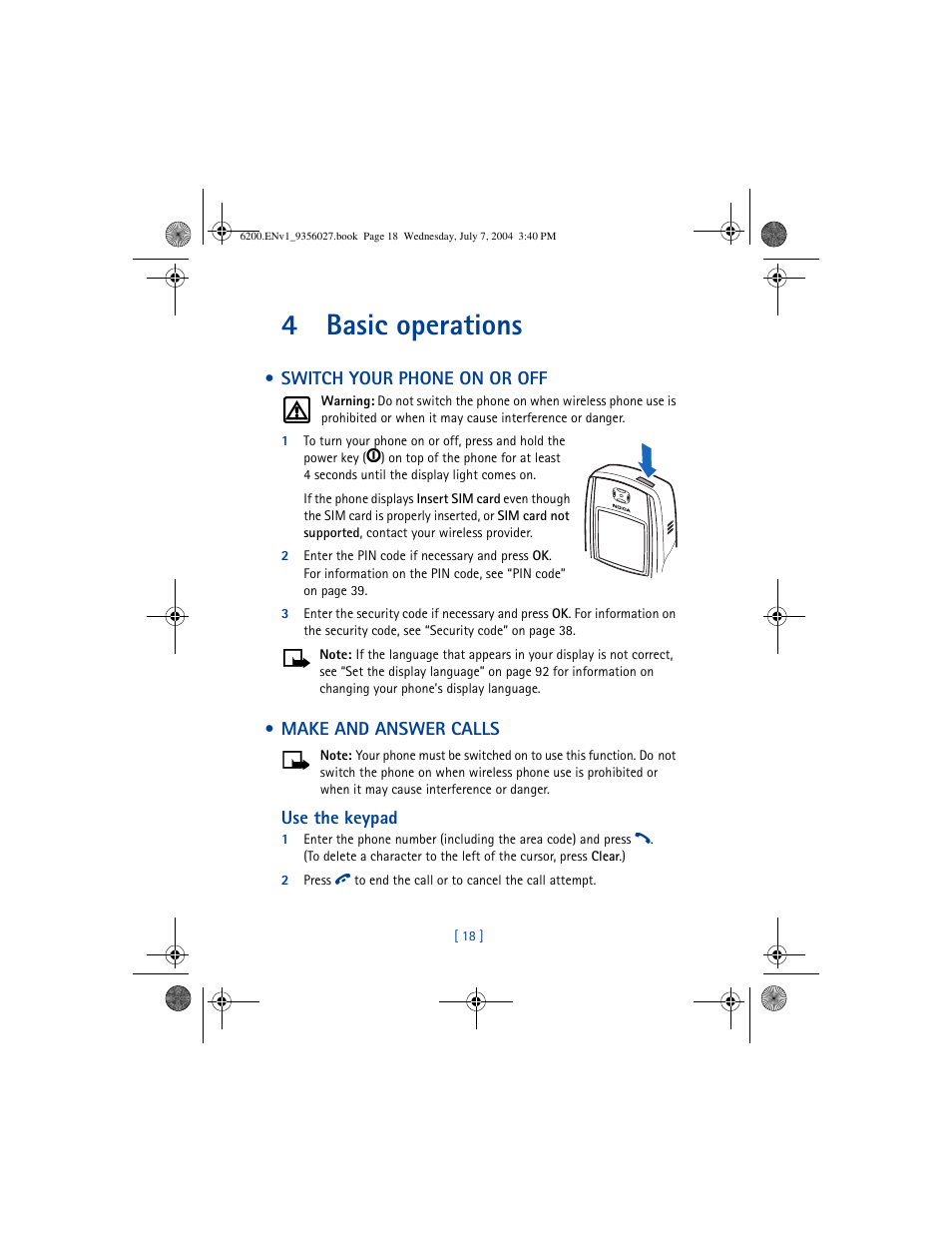 4 basic operations, Switch your phone on or off, Make and answer calls | Basic operations, Switch your phone on or off make and answer calls, 4basic operations | Nokia 6200 User Manual | Page 27 / 193
