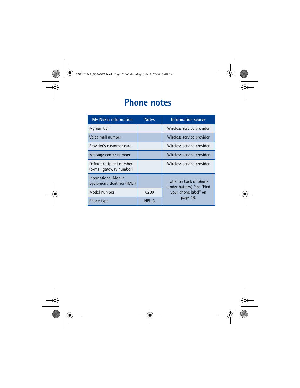 Phone notes | Nokia 6200 User Manual | Page 3 / 193