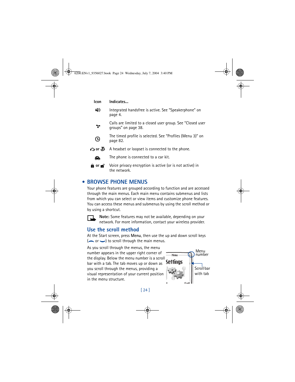 Browse phone menus, Use the scroll method | Nokia 6200 User Manual | Page 33 / 193