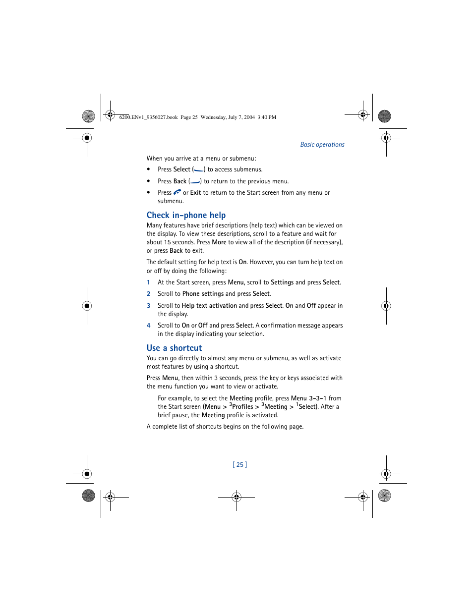 Check in-phone help, Use a shortcut | Nokia 6200 User Manual | Page 34 / 193
