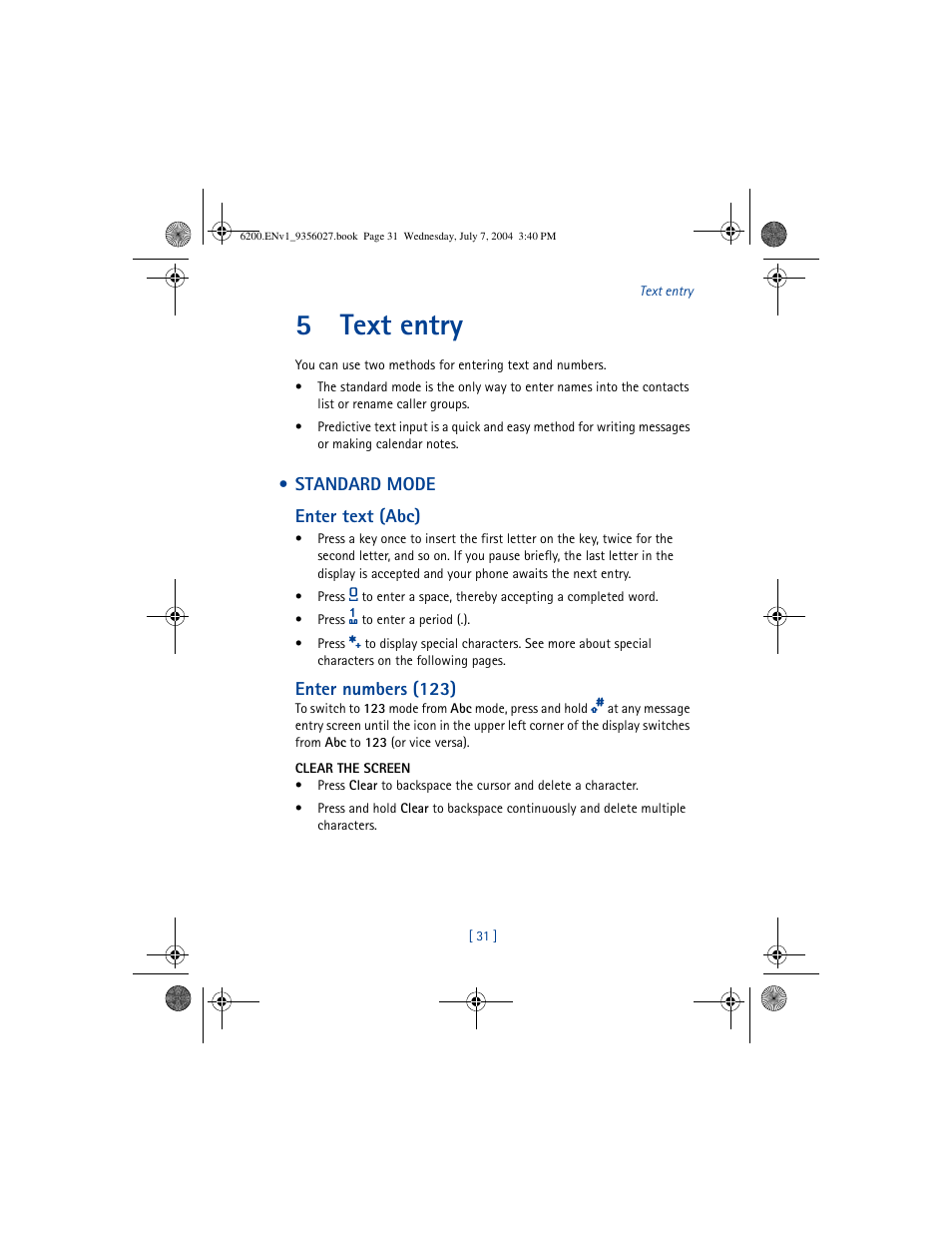 5 text entry, Standard mode, Text entry | 5text entry | Nokia 6200 User Manual | Page 40 / 193