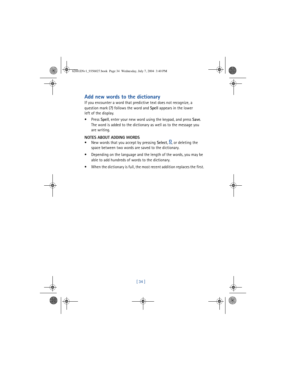 Add new words to the dictionary | Nokia 6200 User Manual | Page 43 / 193