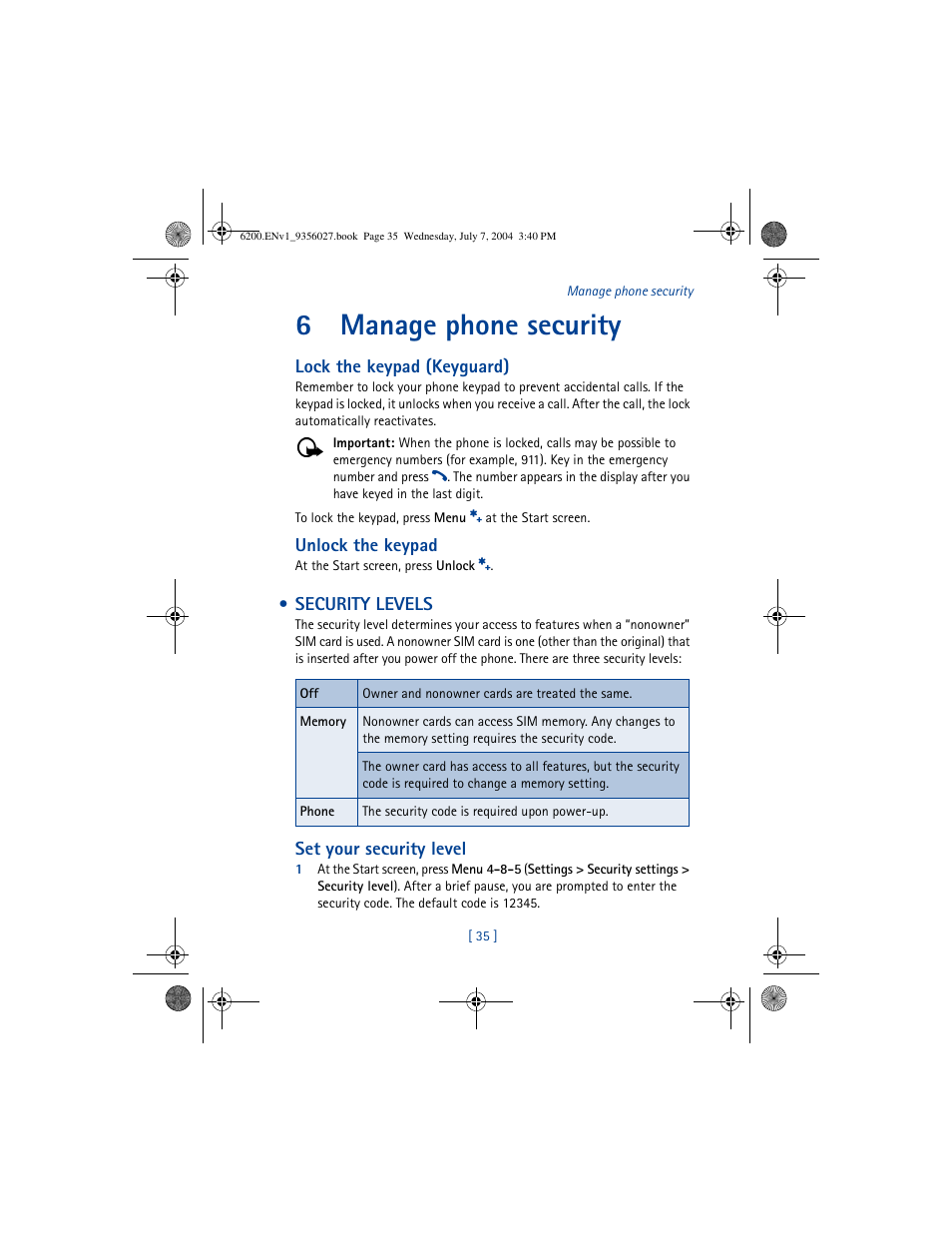 6 manage phone security, Security levels, Manage phone security | 6manage phone security | Nokia 6200 User Manual | Page 44 / 193