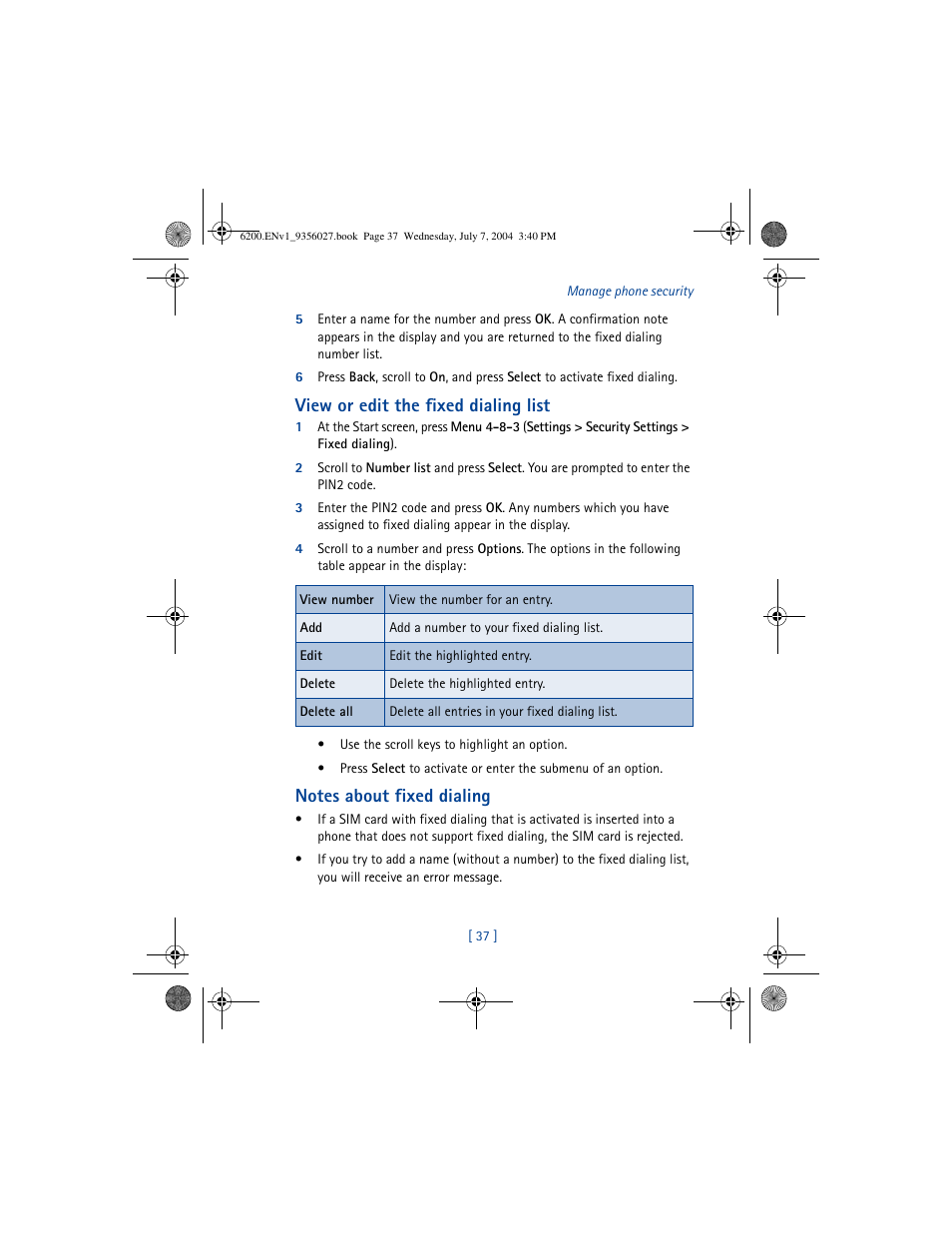 View or edit the fixed dialing list | Nokia 6200 User Manual | Page 46 / 193
