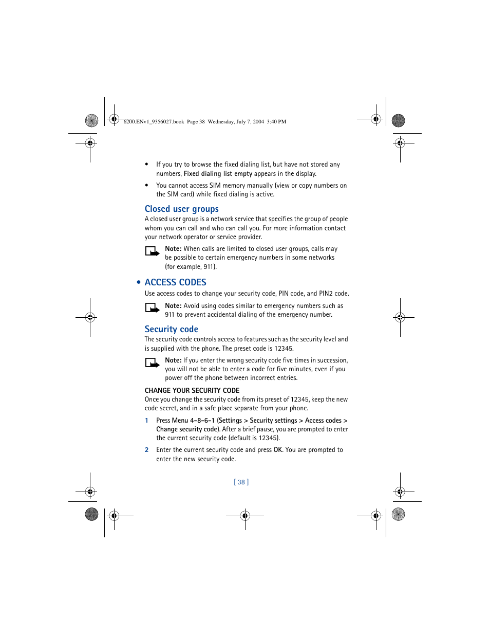 Access codes, Closed user groups, Security code | Nokia 6200 User Manual | Page 47 / 193