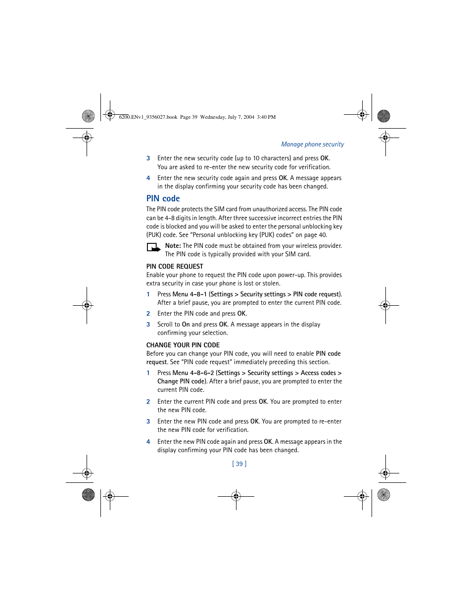 Pin code | Nokia 6200 User Manual | Page 48 / 193