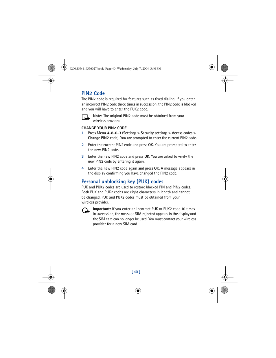Pin2 code, Personal unblocking key (puk) codes | Nokia 6200 User Manual | Page 49 / 193