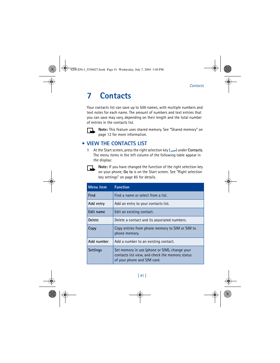 7 contacts, View the contacts list, Contacts | 7contacts | Nokia 6200 User Manual | Page 50 / 193