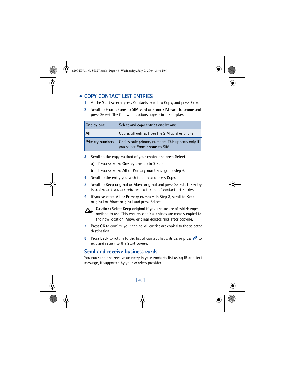 Copy contact list entries, Send and receive business cards | Nokia 6200 User Manual | Page 55 / 193