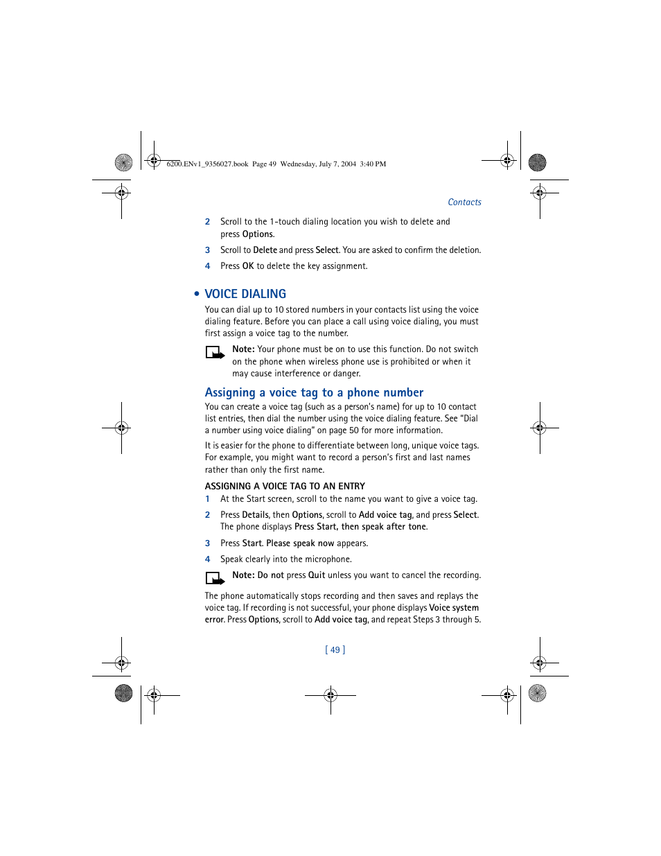 Voice dialing, Assigning a voice tag to a phone number | Nokia 6200 User Manual | Page 58 / 193