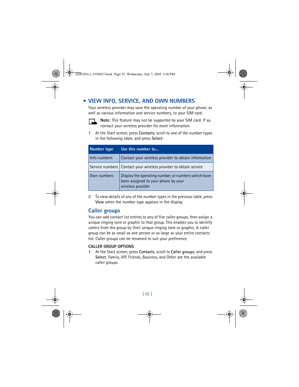 View info, service, and own numbers, Caller groups | Nokia 6200 User Manual | Page 61 / 193