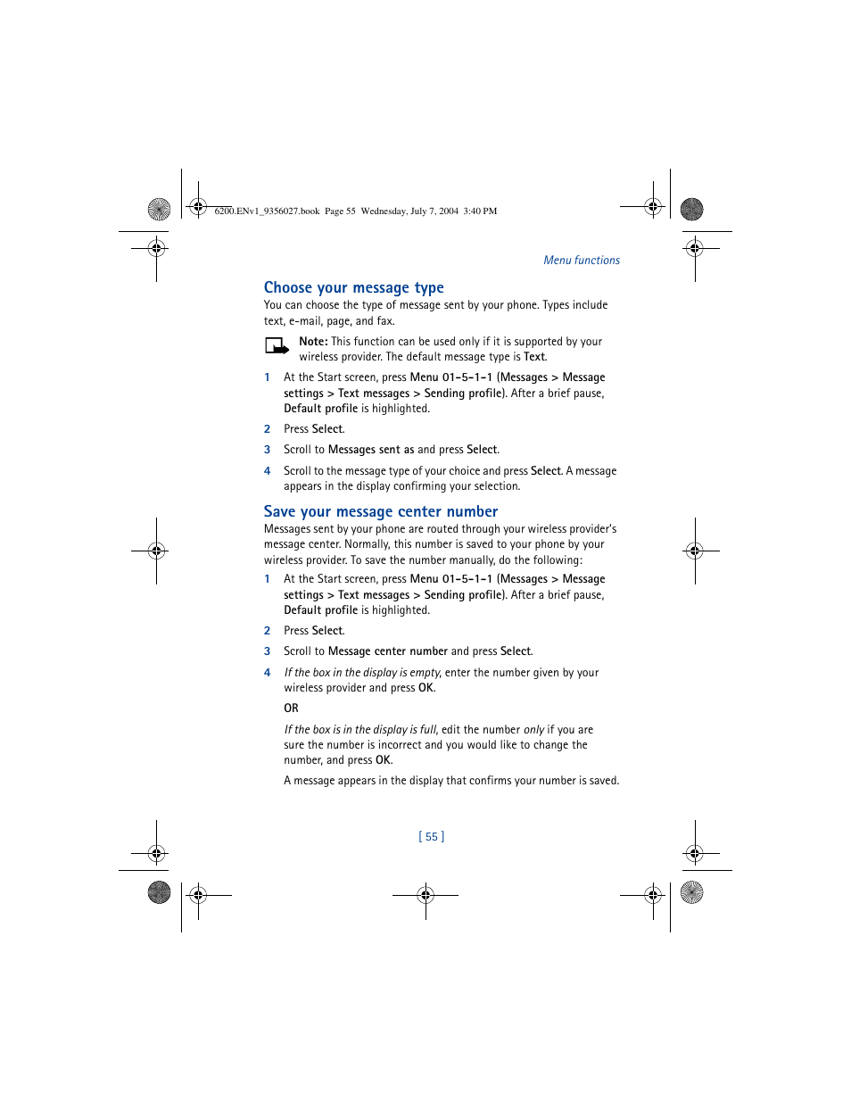 Choose your message type, Save your message center number | Nokia 6200 User Manual | Page 64 / 193