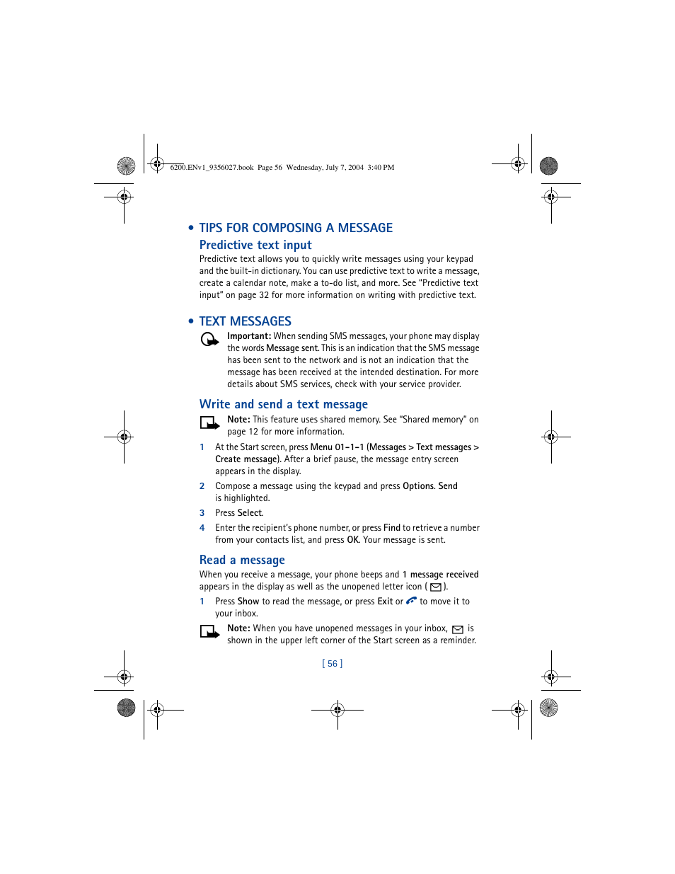 Tips for composing a message, Text messages, Tips for composing a message text messages | Nokia 6200 User Manual | Page 65 / 193