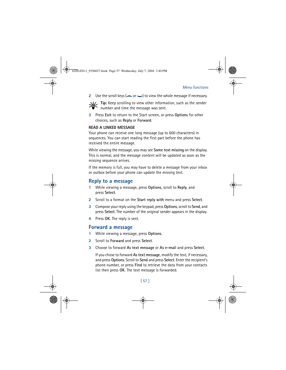 Reply to a message, Forward a message | Nokia 6200 User Manual | Page 66 / 193