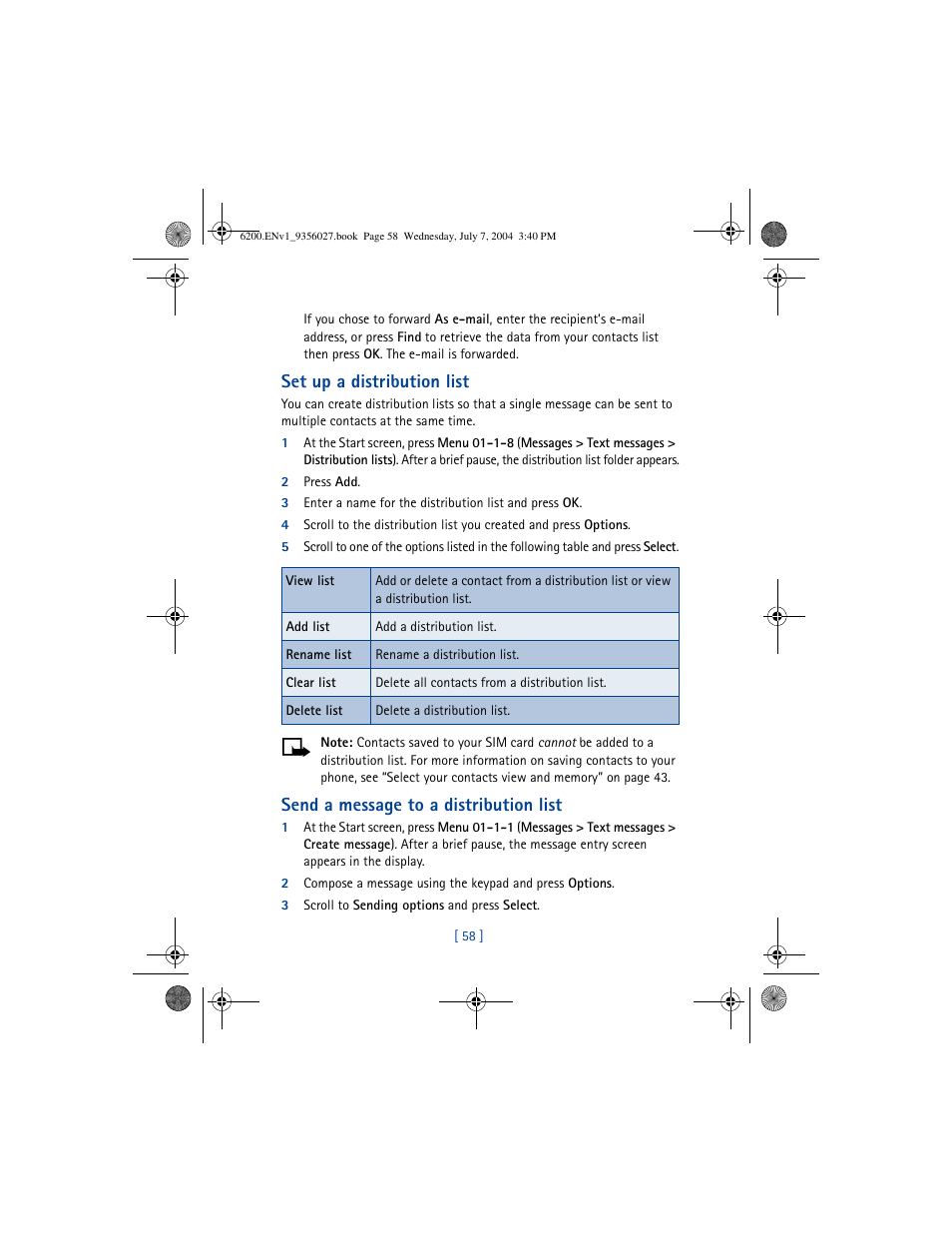 Set up a distribution list, Send a message to a distribution list | Nokia 6200 User Manual | Page 67 / 193