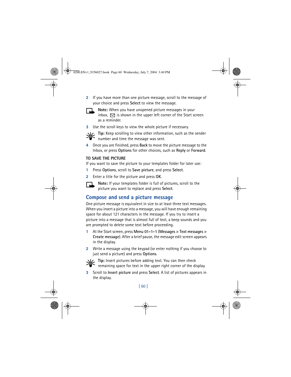 Compose and send a picture message | Nokia 6200 User Manual | Page 69 / 193