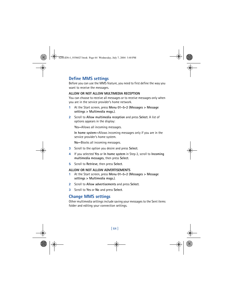 Define mms settings, Change mms settings | Nokia 6200 User Manual | Page 73 / 193