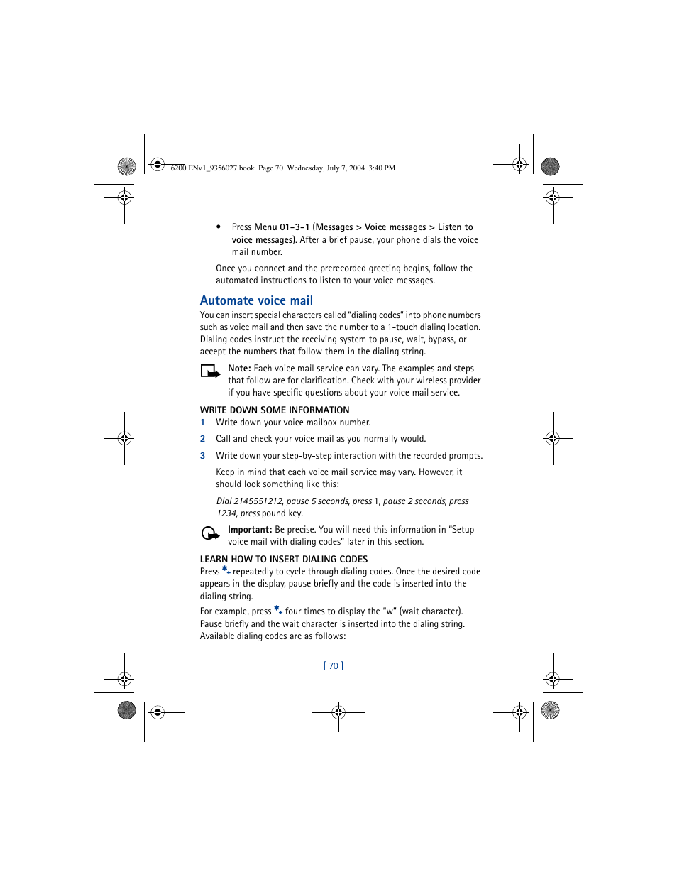 Automate voice mail | Nokia 6200 User Manual | Page 79 / 193
