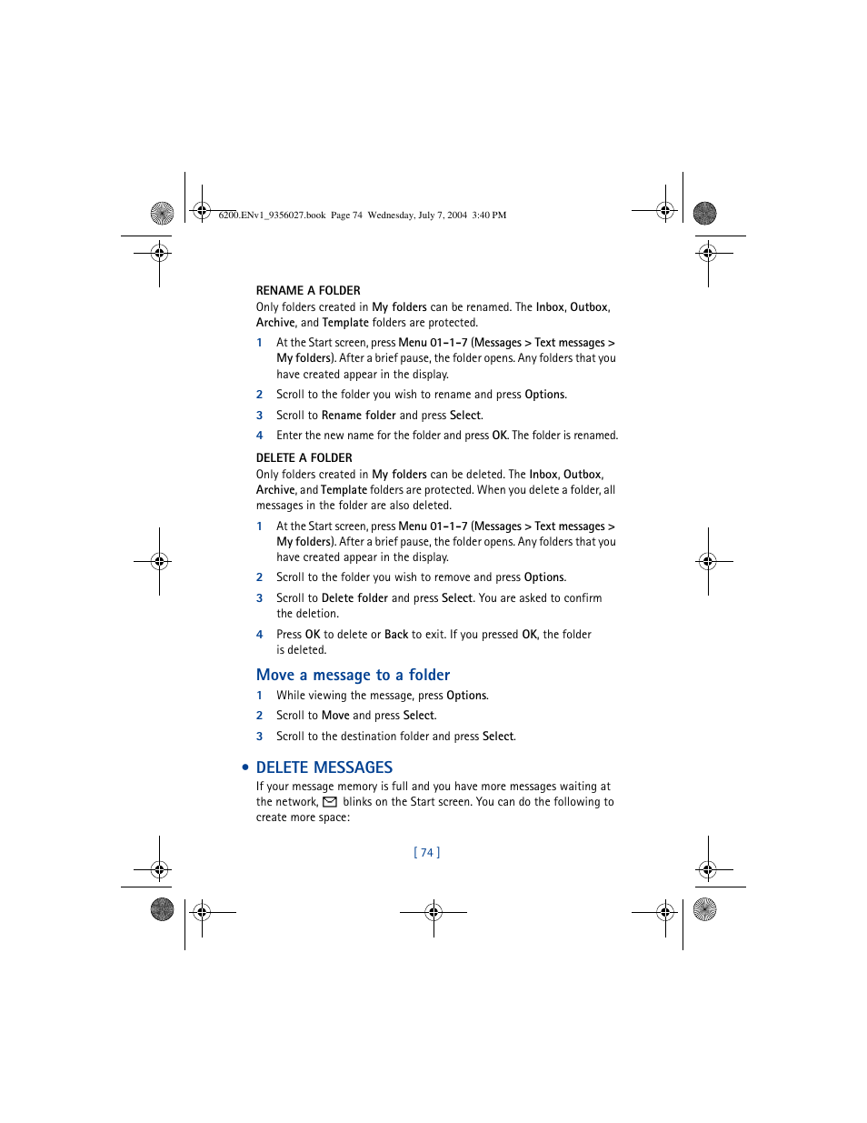 Delete messages, Move a message to a folder | Nokia 6200 User Manual | Page 83 / 193