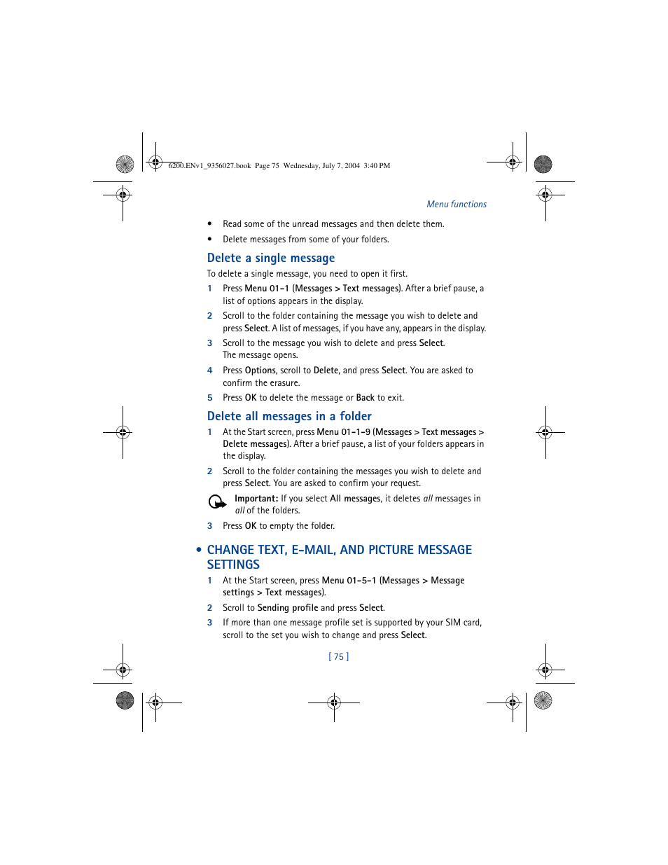 Change text, e-mail, and picture message settings, Delete a single message, Delete all messages in a folder | Nokia 6200 User Manual | Page 84 / 193