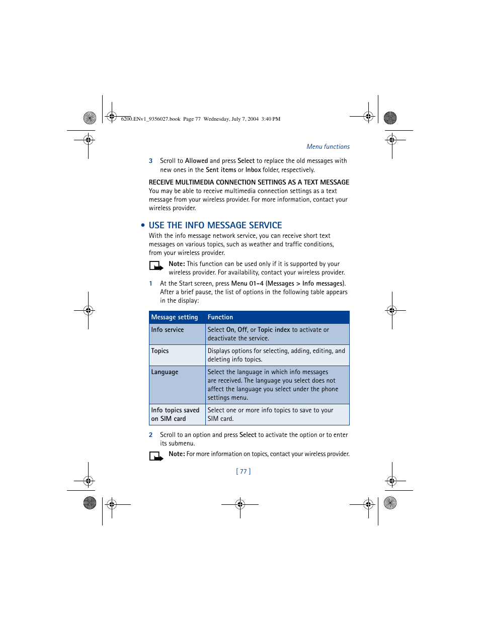 Use the info message service | Nokia 6200 User Manual | Page 86 / 193