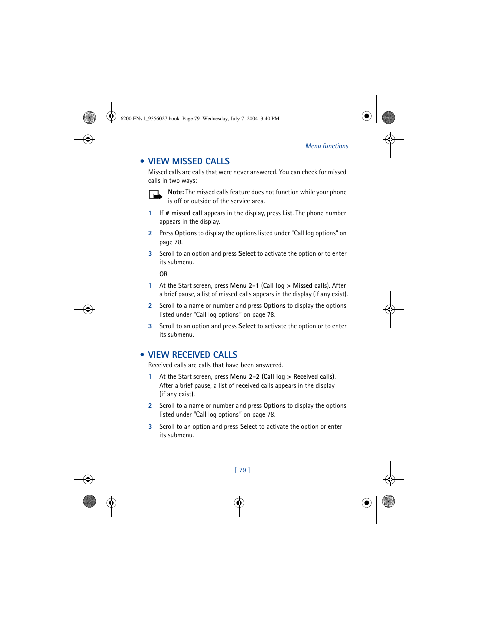 View missed calls, View received calls, View missed calls view received calls | Nokia 6200 User Manual | Page 88 / 193