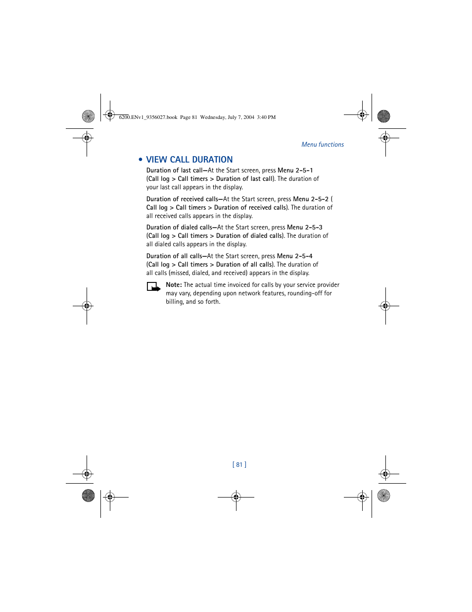 View call duration | Nokia 6200 User Manual | Page 90 / 193