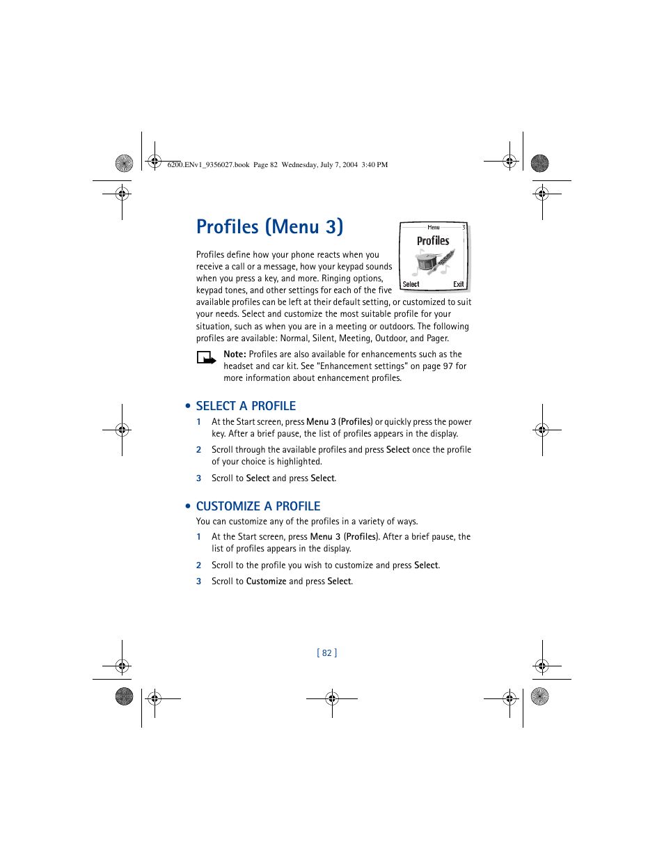 Profiles (menu 3), Select a profile, Customize a profile | Select a profile customize a profile | Nokia 6200 User Manual | Page 91 / 193