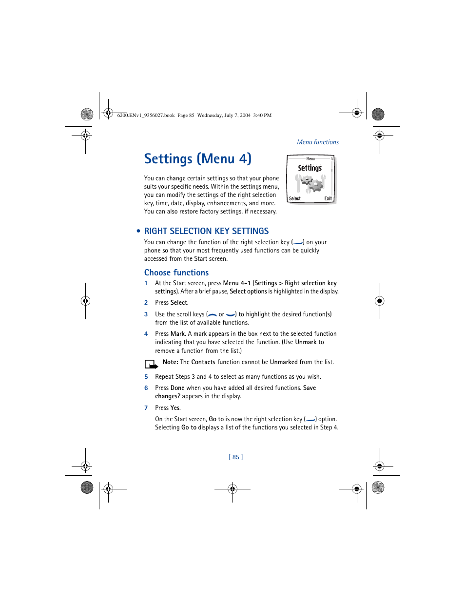 Settings (menu 4), Right selection key settings | Nokia 6200 User Manual | Page 94 / 193