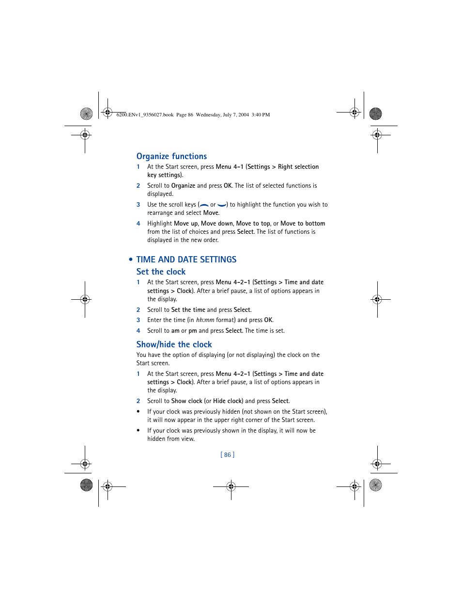 Time and date settings, Organize functions, Time and date settings set the clock | Show/hide the clock | Nokia 6200 User Manual | Page 95 / 193