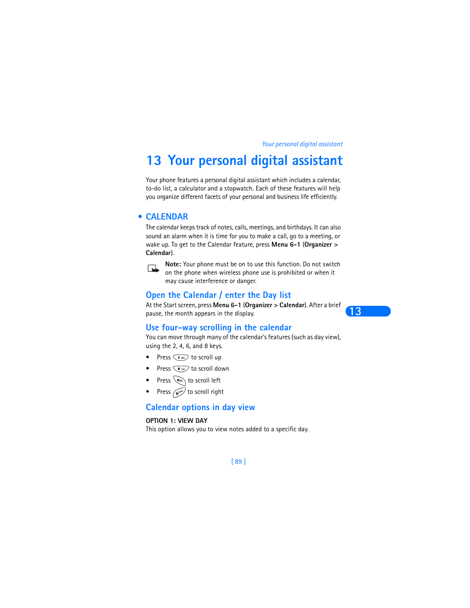 13 your personal digital assistant, Calendar, Open the calendar / enter the day list | Use four-way scrolling in the calendar, Calendar options in day view, Option 1: view day | Nokia 6360 User Manual | Page 100 / 170