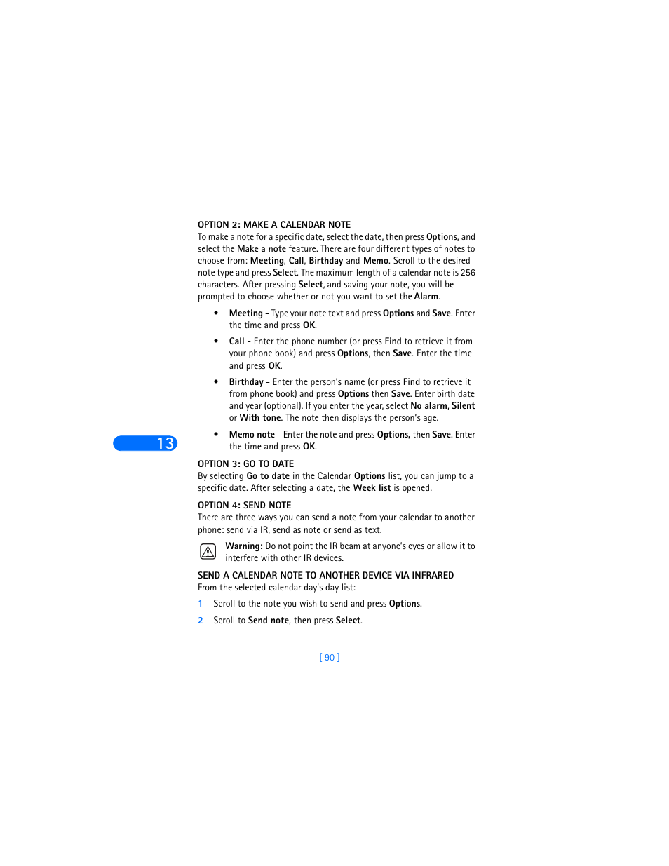 Option 2: make a calendar note, Option 3: go to date, Option 4: send note | 2 scroll to send note, then press select | Nokia 6360 User Manual | Page 101 / 170