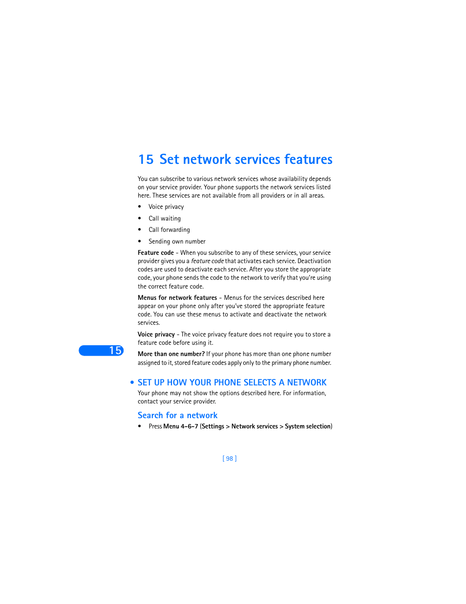 15 set network services features, Set up how your phone selects a network, Search for a network | Nokia 6360 User Manual | Page 109 / 170