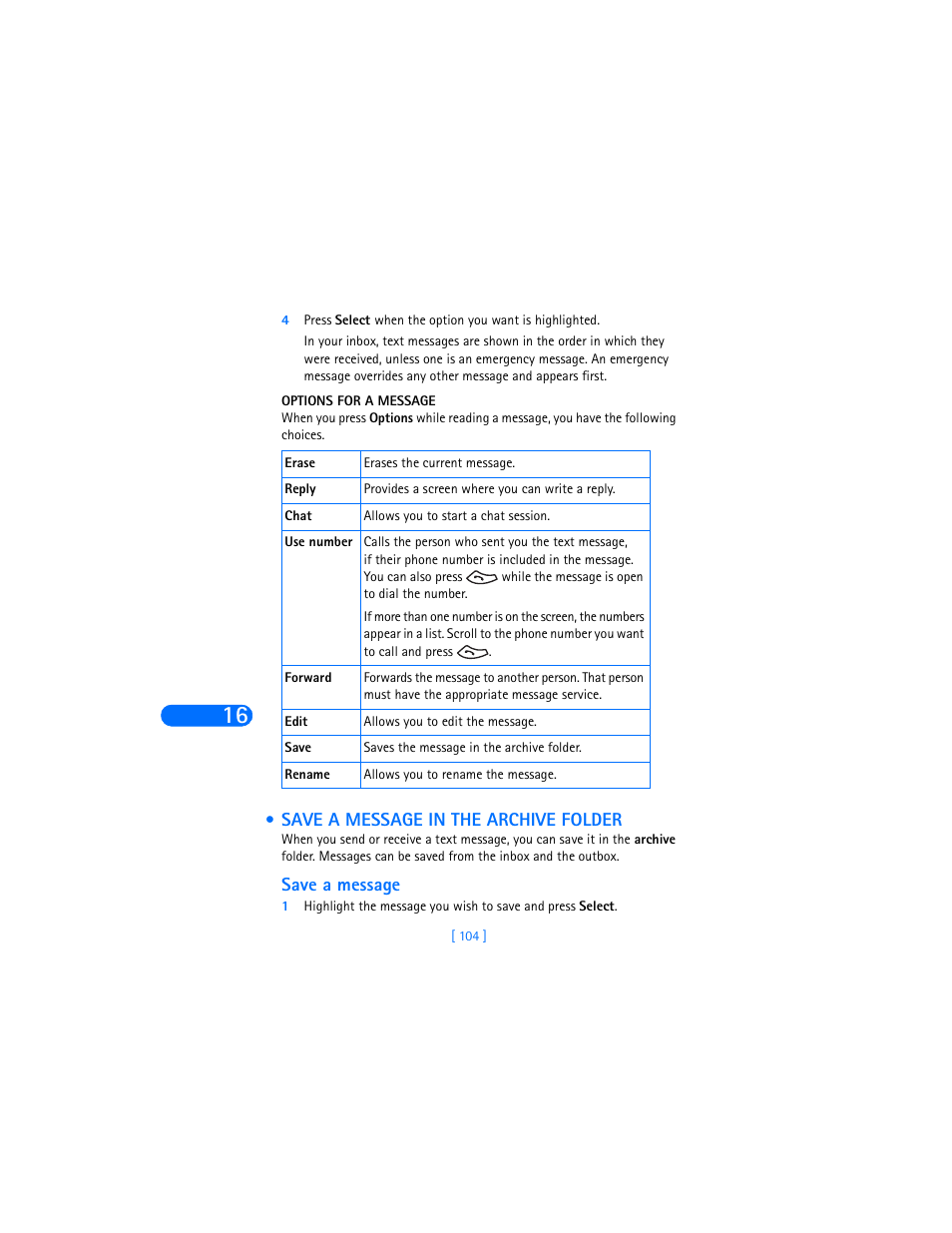 Options for a message, Save a message in the archive folder, Save a message | Nokia 6360 User Manual | Page 115 / 170