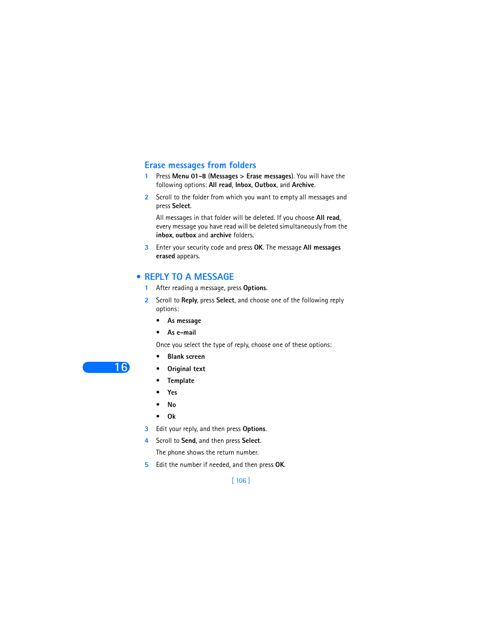 Erase messages from folders, Reply to a message, 1 after reading a message, press options | 3 edit your reply, and then press options, 4 scroll to send, and then press select, 5 edit the number if needed, and then press ok | Nokia 6360 User Manual | Page 117 / 170