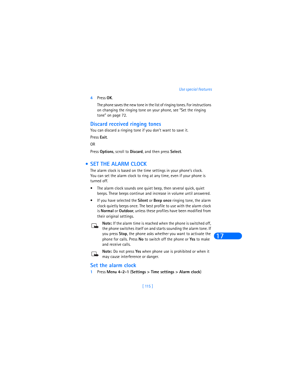 4 press ok, Discard received ringing tones, Set the alarm clock | Nokia 6360 User Manual | Page 126 / 170