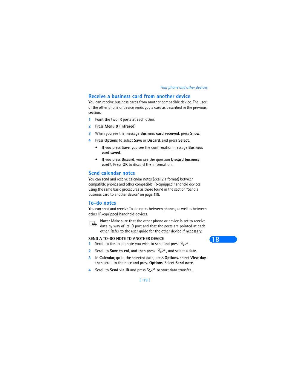 Receive a business card from another device, 1 point the two ir ports at each other, 2 press menu 9 (infrared) | Send calendar notes, To-do notes, Send a to-do note to another device | Nokia 6360 User Manual | Page 130 / 170