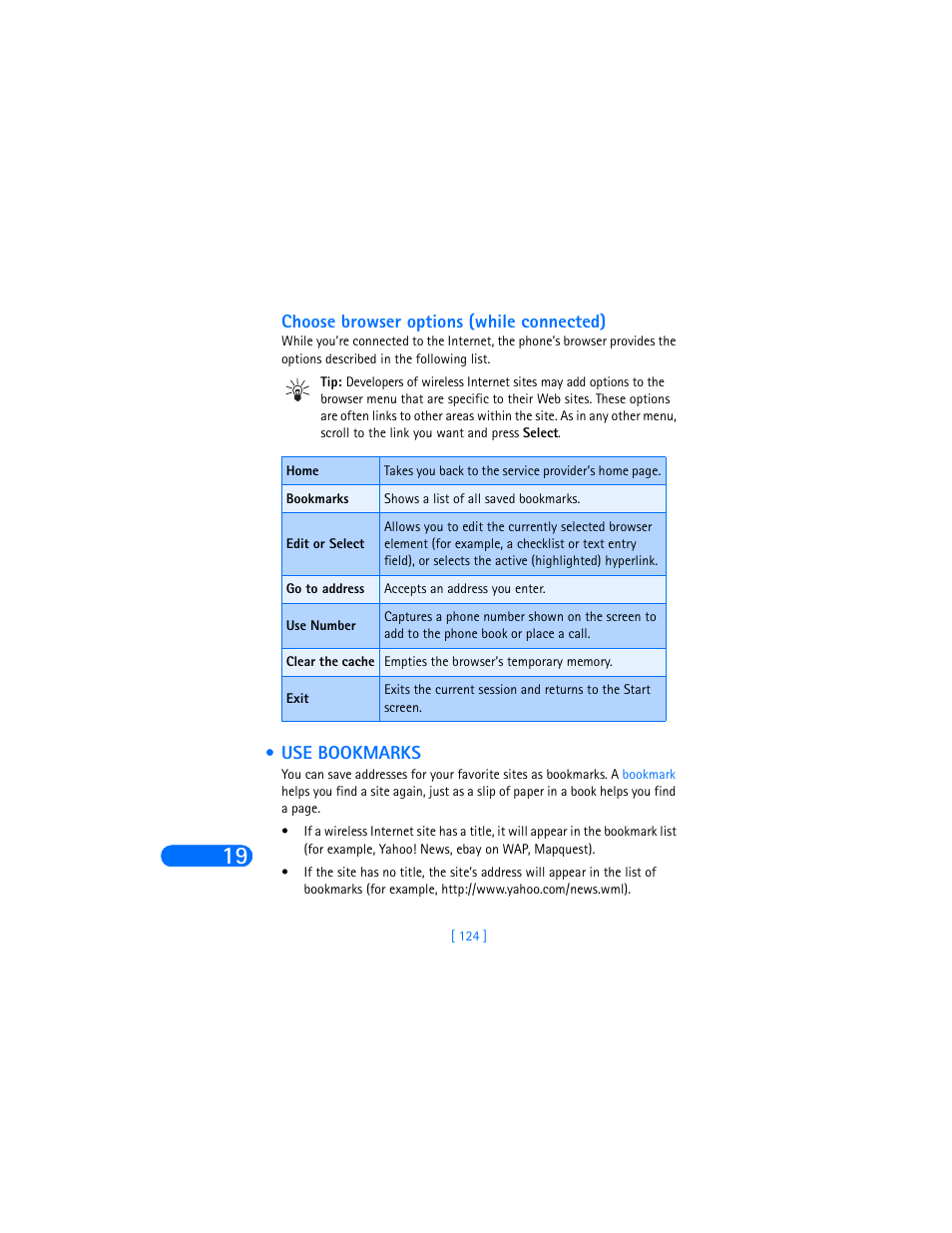 Choose browser options (while connected), Use bookmarks | Nokia 6360 User Manual | Page 135 / 170