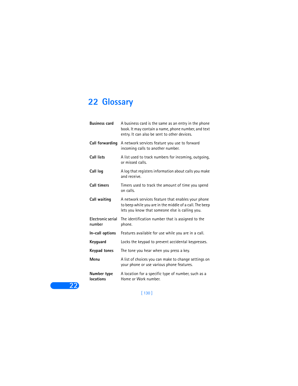 22 glossary | Nokia 6360 User Manual | Page 141 / 170