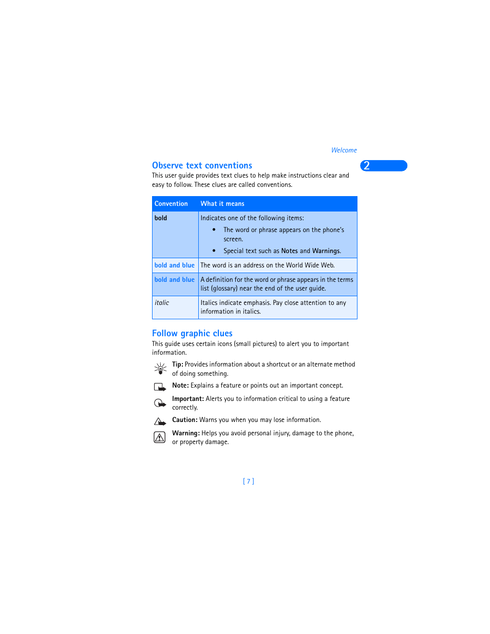 Observe text conventions, Follow graphic clues | Nokia 6360 User Manual | Page 18 / 170