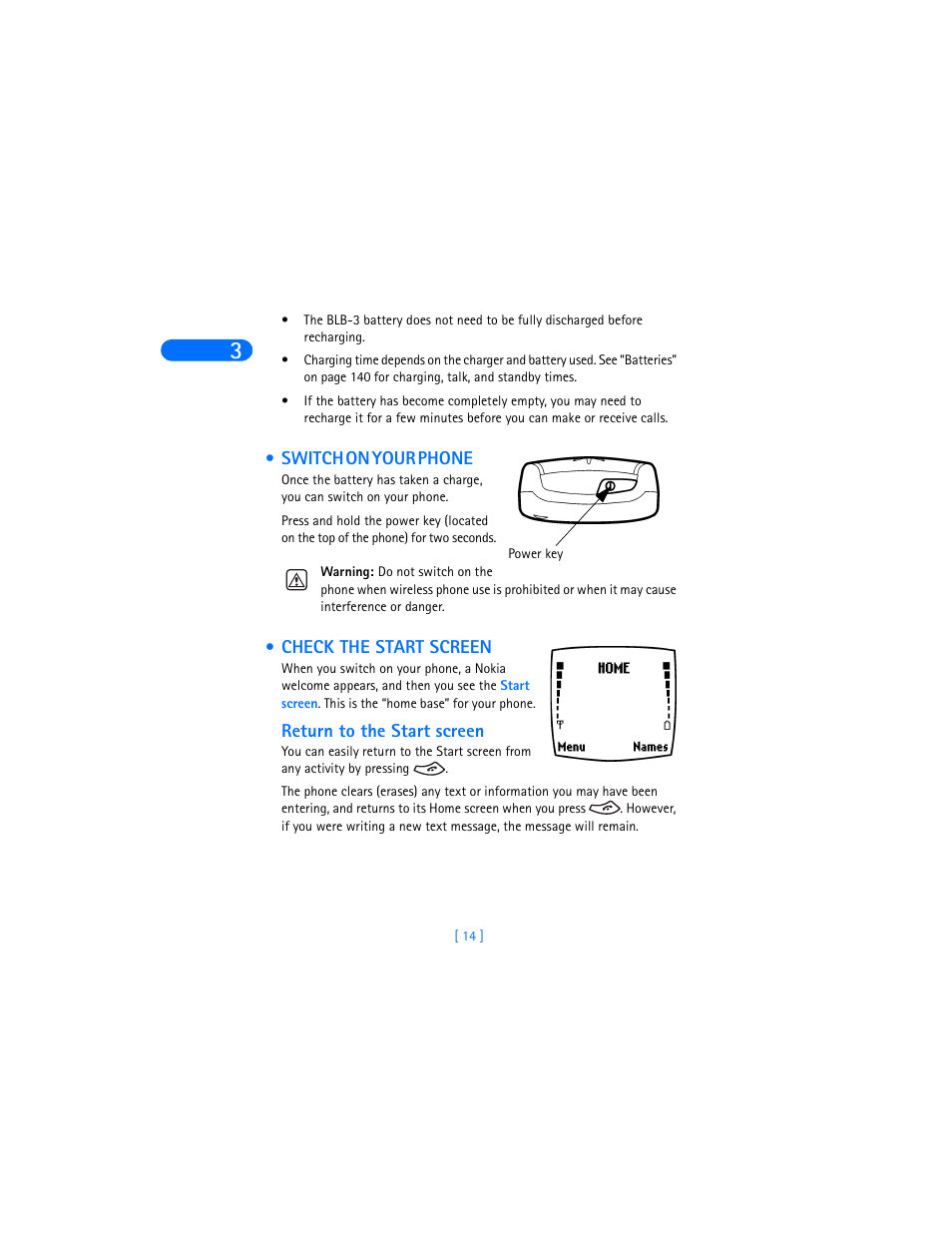 Switch on your phone, Check the start screen, Return to the start screen | Switch on your phone check the start screen | Nokia 6360 User Manual | Page 25 / 170