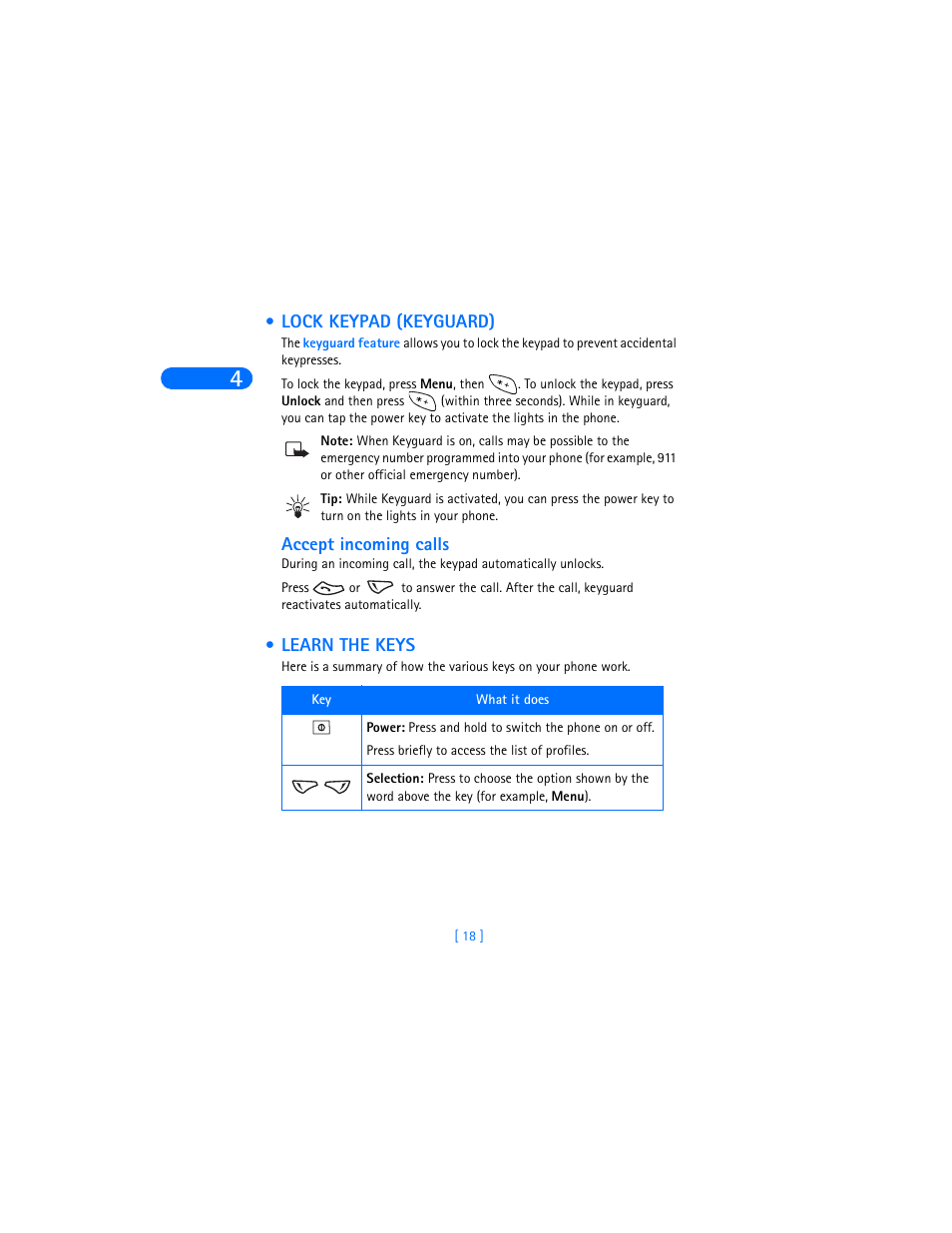 Lock keypad (keyguard), Accept incoming calls, Learn the keys | Lock keypad (keyguard) learn the keys, Check memory status | Nokia 6360 User Manual | Page 29 / 170