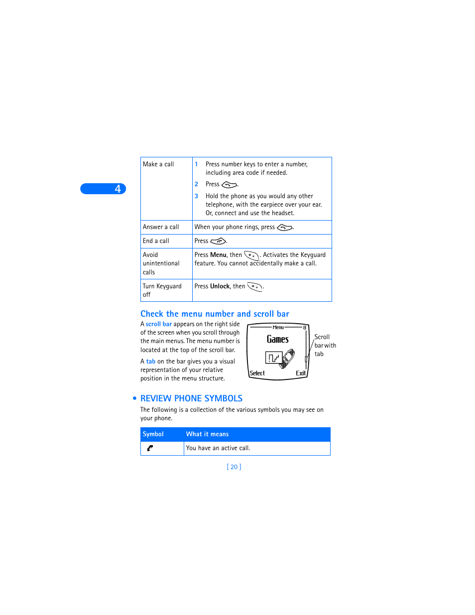 2 press, Check the menu number and scroll bar, Review phone symbols | Nokia 6360 User Manual | Page 31 / 170