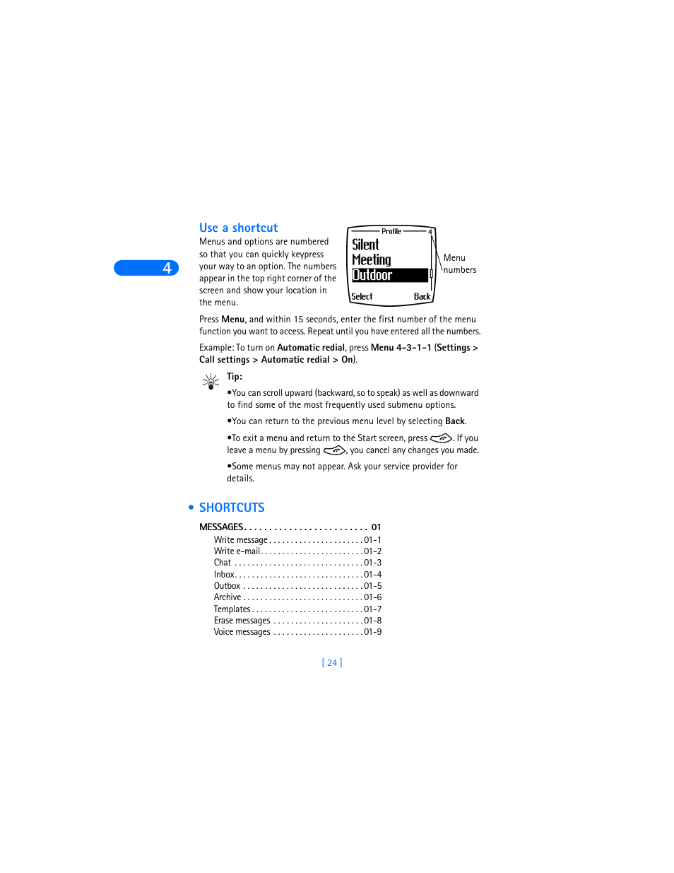 Use a shortcut, Shortcuts | Nokia 6360 User Manual | Page 35 / 170