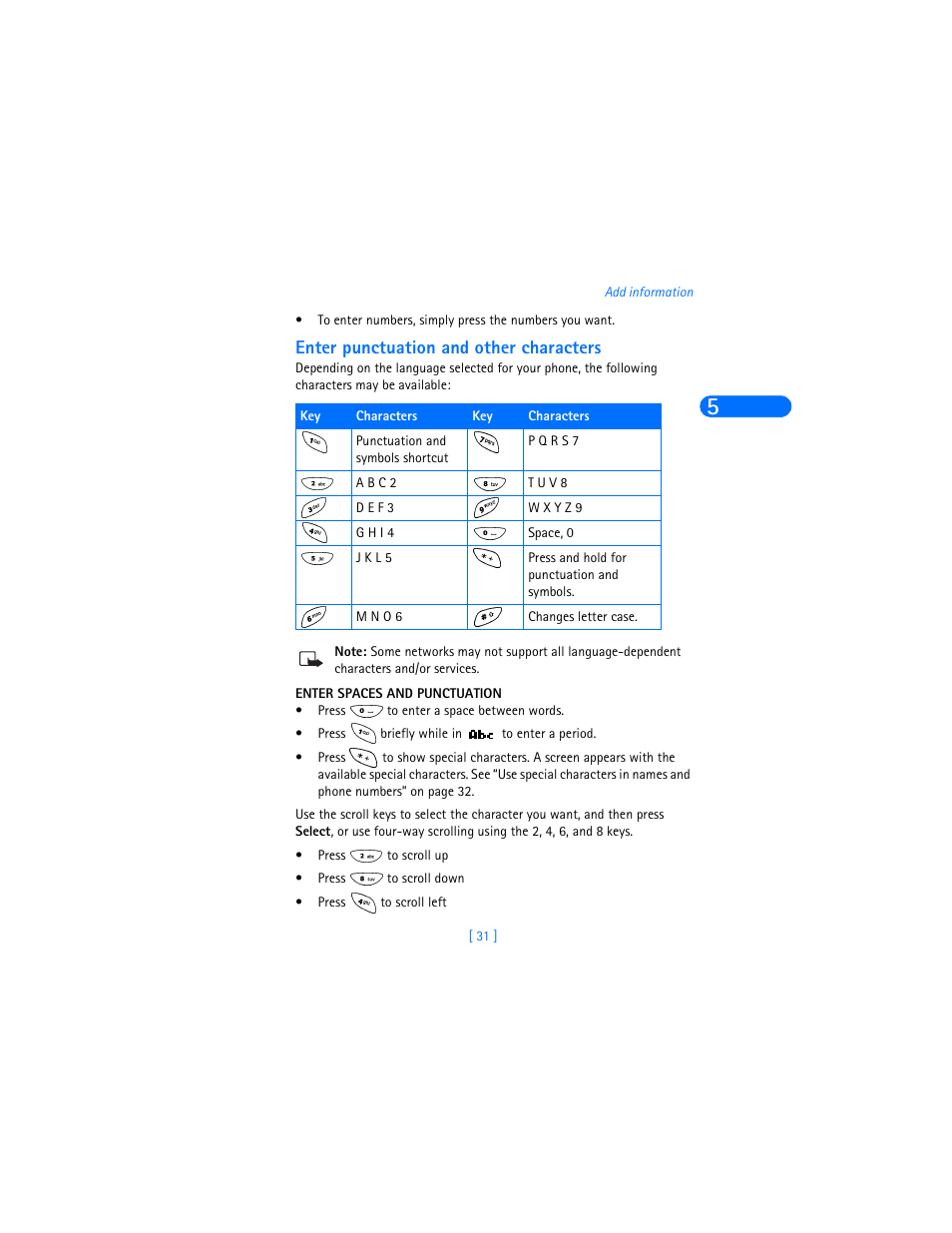 Enter punctuation and other characters, Enter spaces and punctuation | Nokia 6360 User Manual | Page 42 / 170