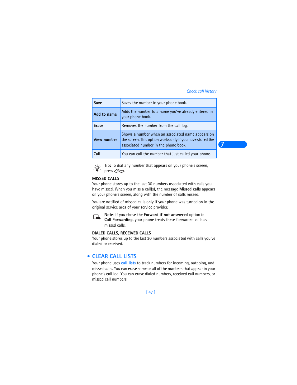 Missed calls, Dialed calls, received calls, Clear call lists | Nokia 6360 User Manual | Page 58 / 170