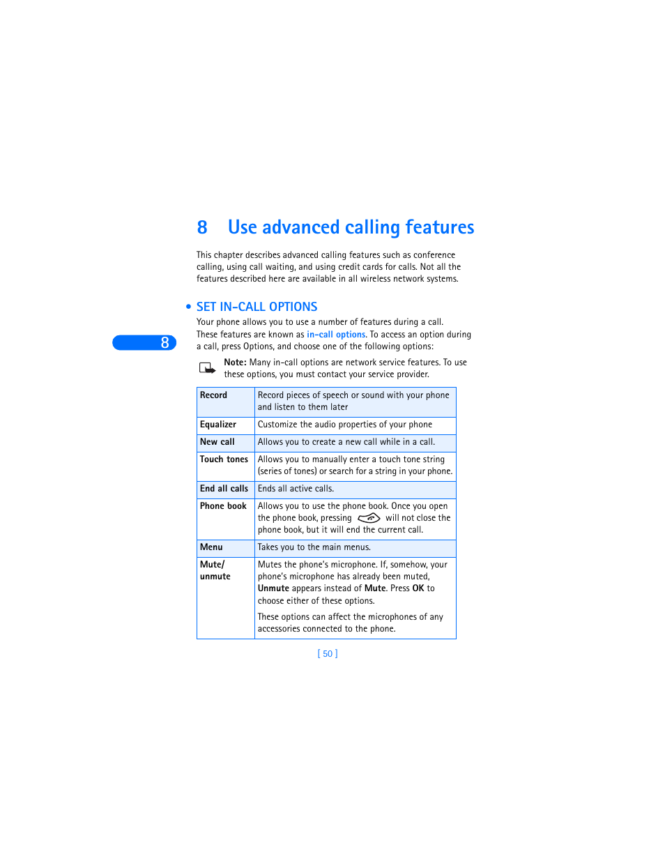 8 use advanced calling features, Set in-call options, Use advanced calling features | 8use advanced calling features | Nokia 6360 User Manual | Page 61 / 170