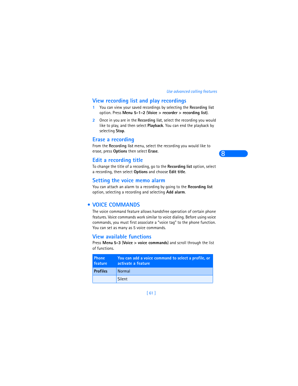 View recording list and play recordings, Erase a recording, Edit a recording title | Setting the voice memo alarm, Voice commands, View available functions | Nokia 6360 User Manual | Page 72 / 170